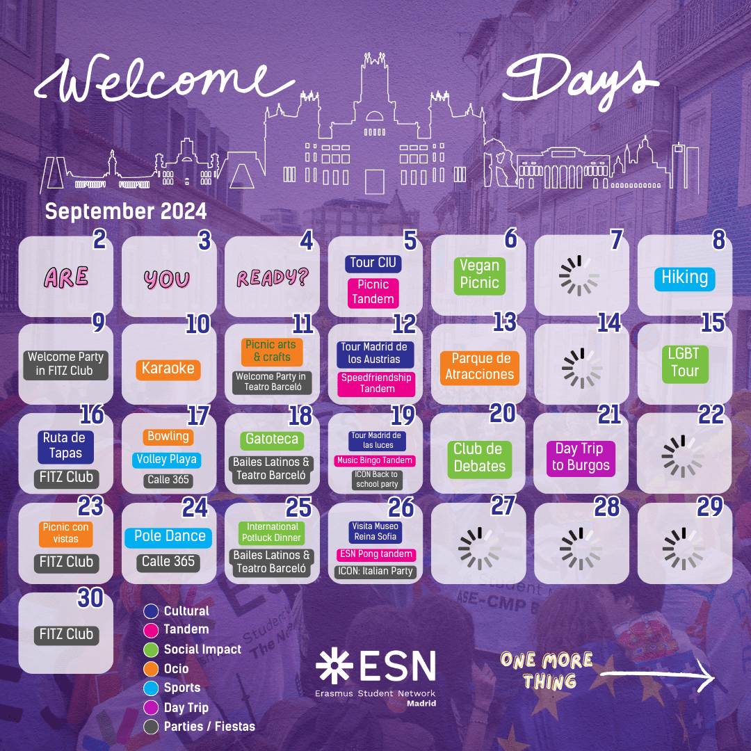 "Welcome Days". Calendario del mes de septiembre con las actividades ofrecidas cada día. 