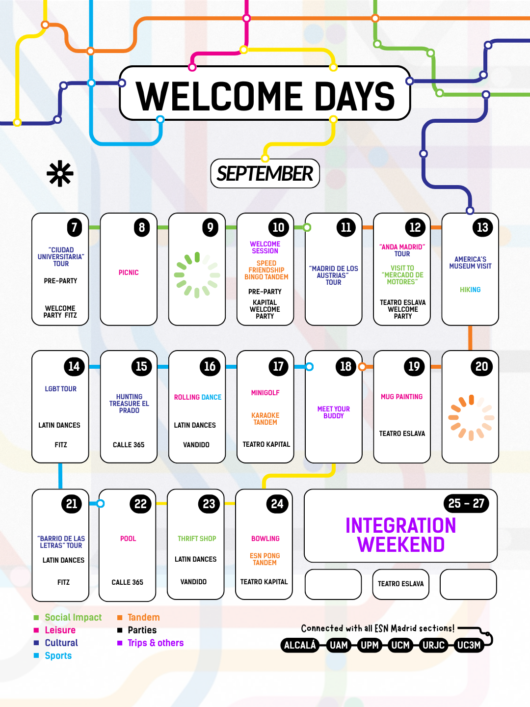 "Welcome Days". Calendario del mes de septiembre con las actividades ofrecidas cada día. 